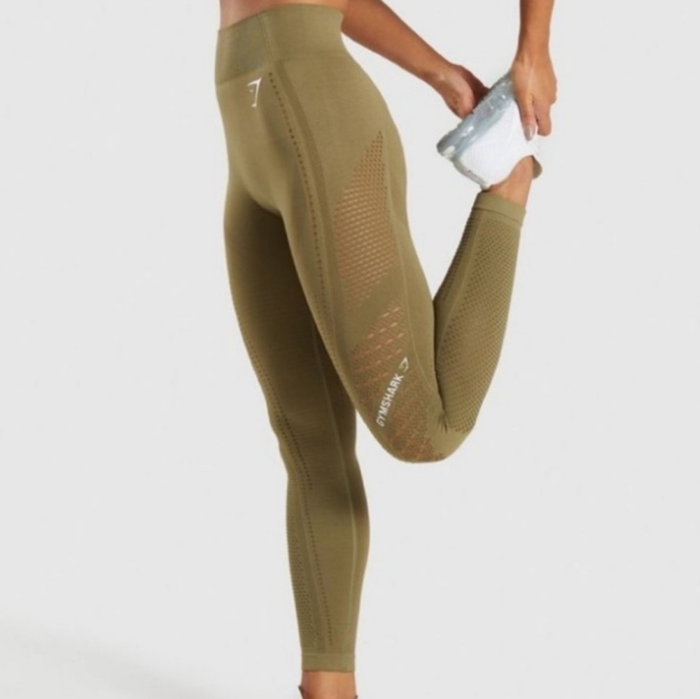Gymshark Flawless Knit Cutout Mid Rise Cropped Leggings in Khaki/Green